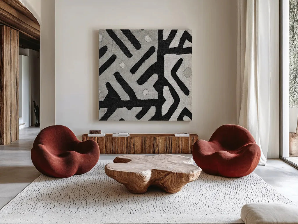 Kuba Cloth I Square II BW by Wild Apple Portfolio. Shown as extra-large giant wall art in a modern living room. Available as an archival giclee rolled canvas, fine art paper, or poster print. SKU 32128a.