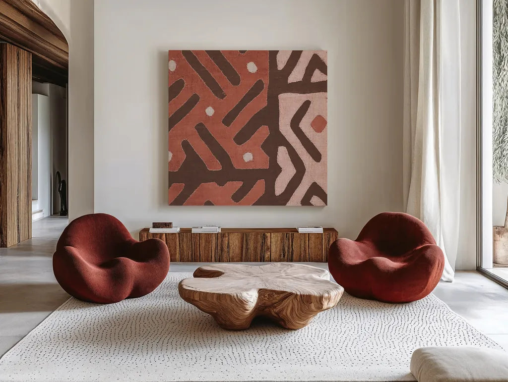 Kuba Cloth I Square II Blush by Wild Apple Portfolio. Shown as extra-large giant wall art in a modern living room. Available as an archival giclee rolled canvas, fine art paper, or poster print. SKU 82169a.