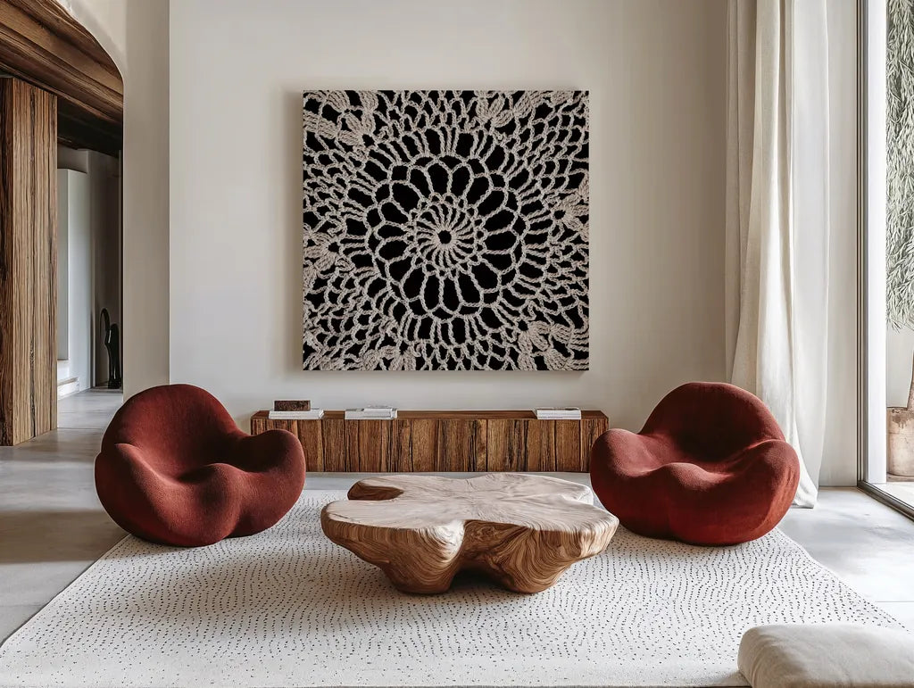 Lace IV by Wild Apple Portfolio. Shown as extra-large giant wall art in a modern living room. Available as an archival giclee rolled canvas, fine art paper, or poster print. SKU 86070a.