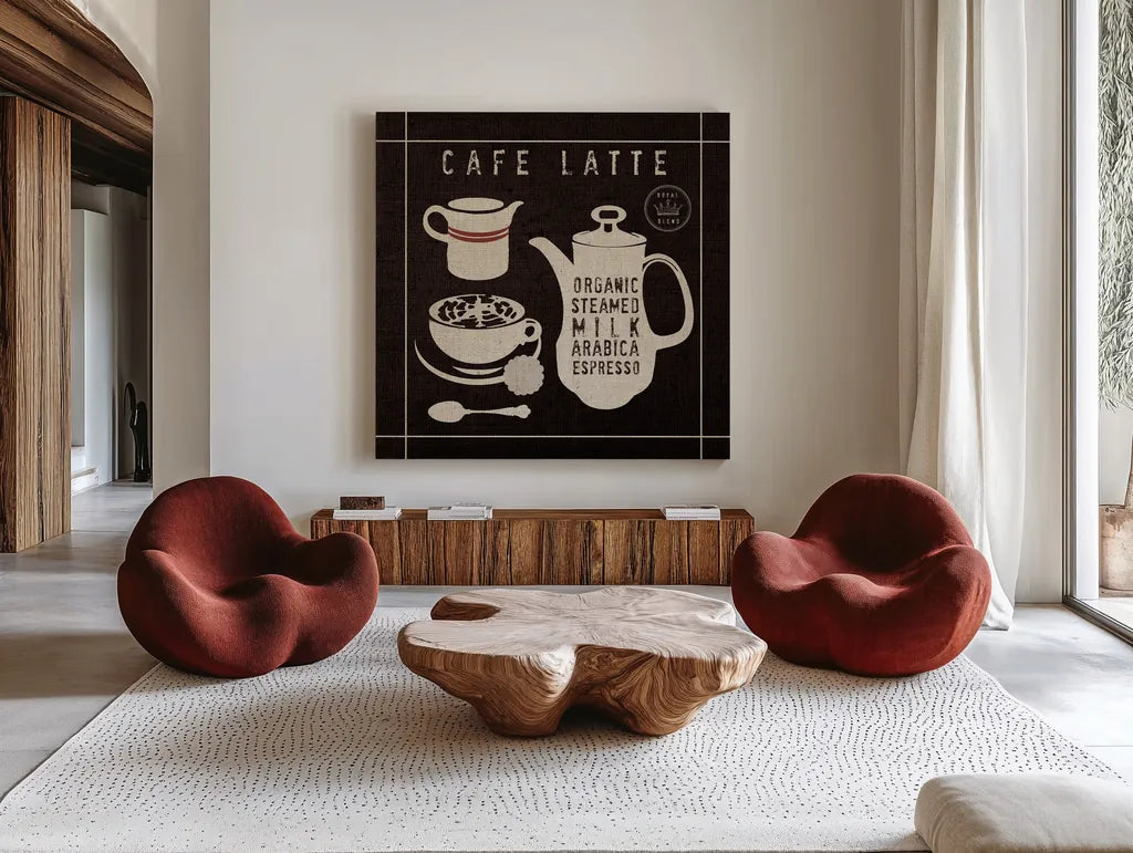 Latte on Linen Black by Wild Apple Portfolio. Shown as extra-large giant wall art in a modern living room. Available as an archival giclee rolled canvas, fine art paper, or poster print. SKU 39915a.