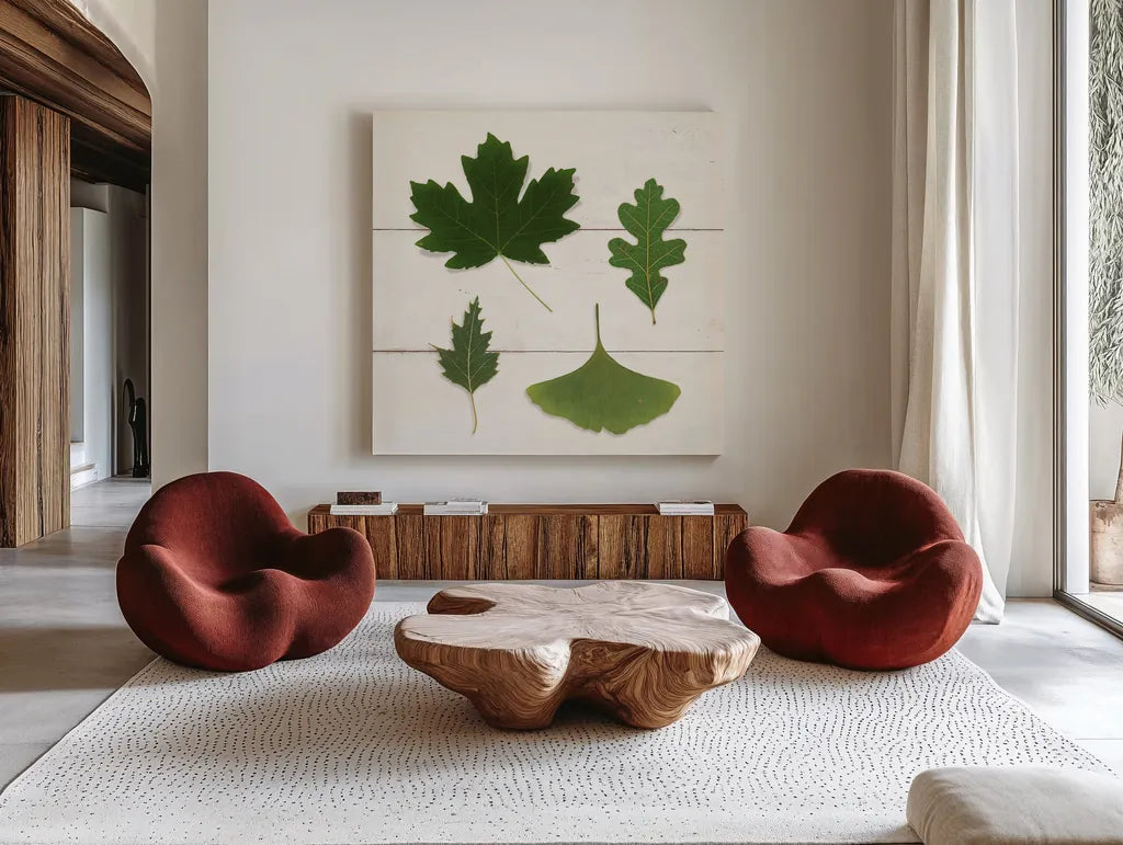 Leaf Chart II Shiplap by Wild Apple Portfolio. Shown as extra-large giant wall art in a modern living room. Available as an archival giclee rolled canvas, fine art paper, or poster print. SKU 46605a.