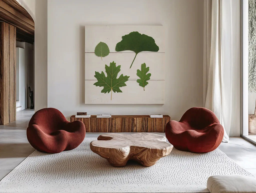 Leaf Chart V Shiplap by Wild Apple Portfolio. Shown as extra-large giant wall art in a modern living room. Available as an archival giclee rolled canvas, fine art paper, or poster print. SKU 46608a.