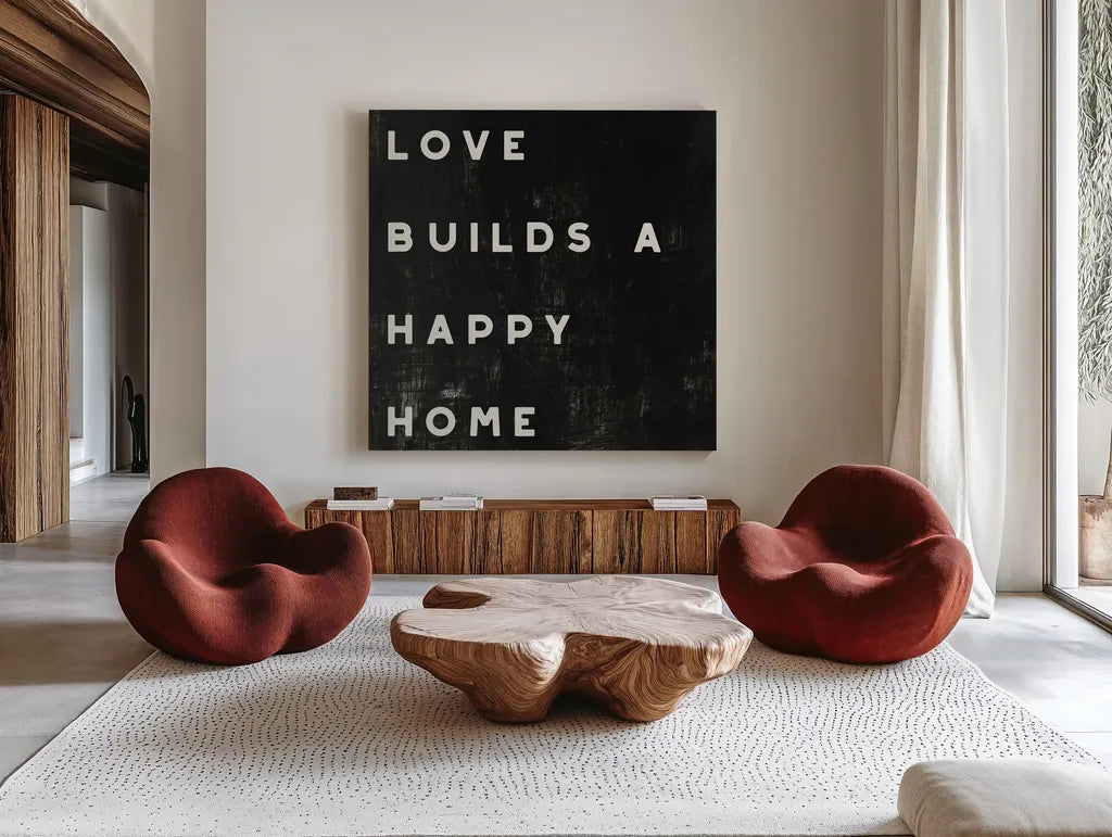 Lovely Home I by Wild Apple Portfolio. Shown as extra-large giant wall art in a modern living room. Available as an archival giclee rolled canvas, fine art paper, or poster print. SKU 54184a.
