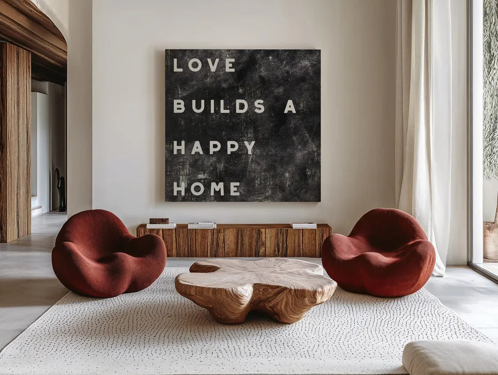 Lovely Home I Distressed by Wild Apple Portfolio. Shown as extra-large giant wall art in a modern living room. Available as an archival giclee rolled canvas, fine art paper, or poster print. SKU 62472a.