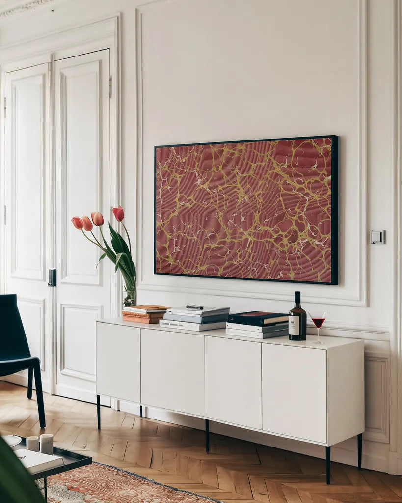 Marbling III by Wild Apple Portfolio. shown as a framed stretched canvas in a living room above a console. Available as a archival giclee rolled canvas, fine art paper, or poster print. SKU 76179i.