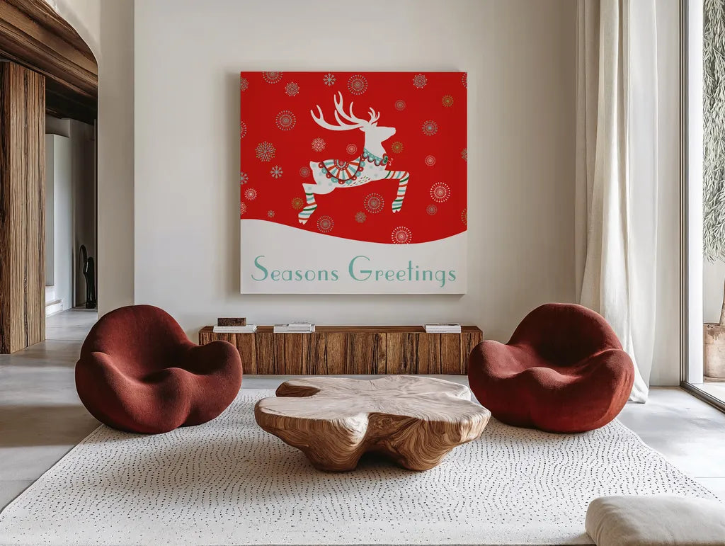 Mod Holiday I by Wild Apple Portfolio. Shown as extra-large giant wall art in a modern living room. Available as an archival giclee rolled canvas, fine art paper, or poster print. SKU 41578a.
