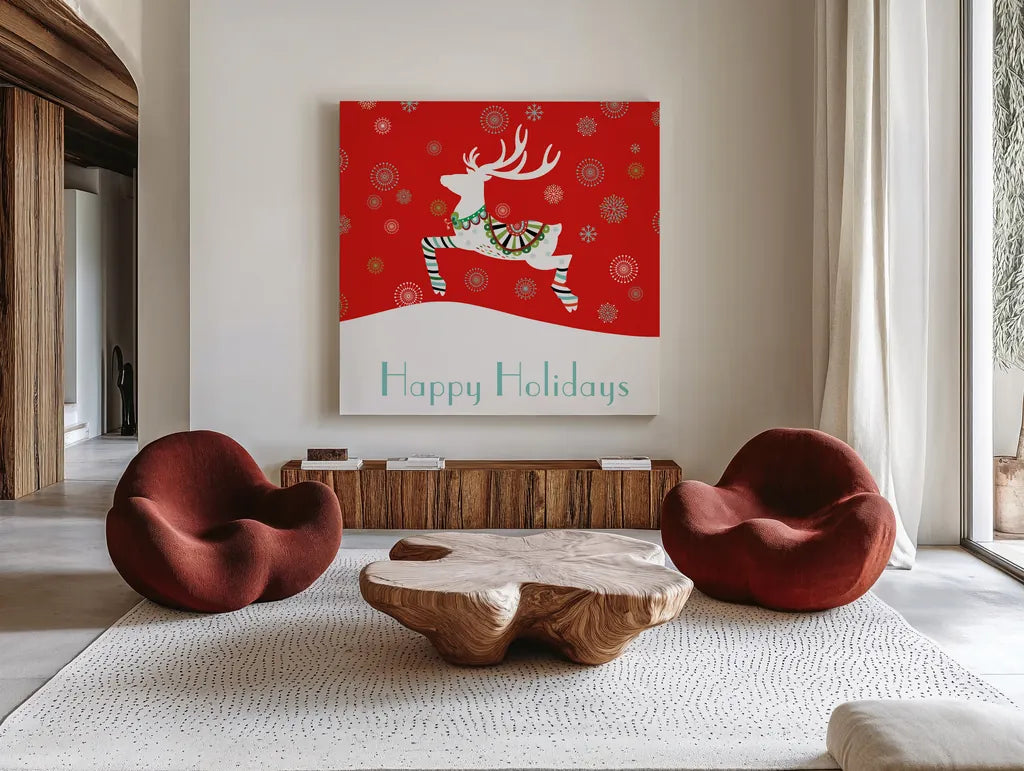 Mod Holiday II by Wild Apple Portfolio. Shown as extra-large giant wall art in a modern living room. Available as an archival giclee rolled canvas, fine art paper, or poster print. SKU 41579a.