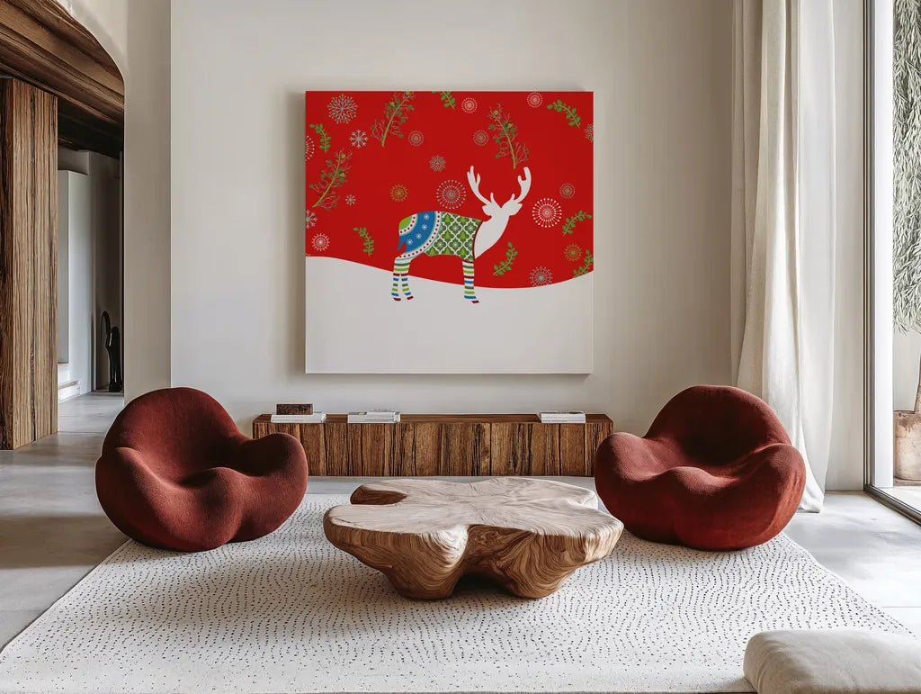Mod Holiday VII by Wild Apple Portfolio. Shown as extra-large giant wall art in a modern living room. Available as an archival giclee rolled canvas, fine art paper, or poster print. SKU 41584a.