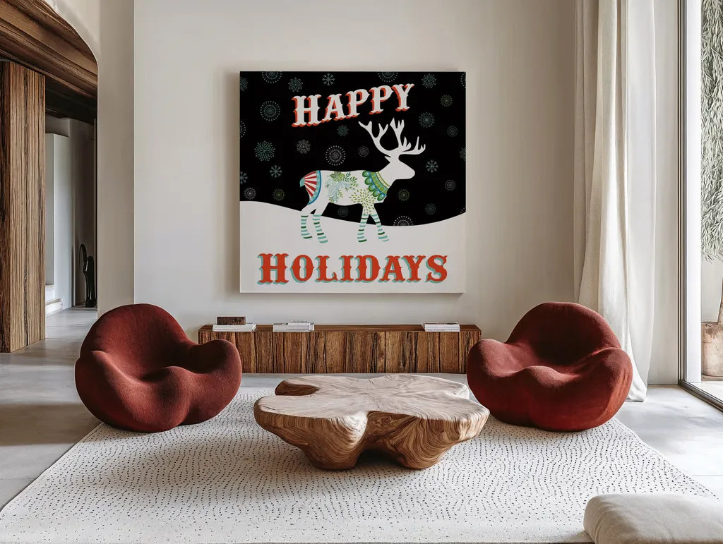 Mod Holiday on Black I by Wild Apple Portfolio. Shown as extra-large giant wall art in a modern living room. Available as an archival giclee rolled canvas, fine art paper, or poster print. SKU 41756a.