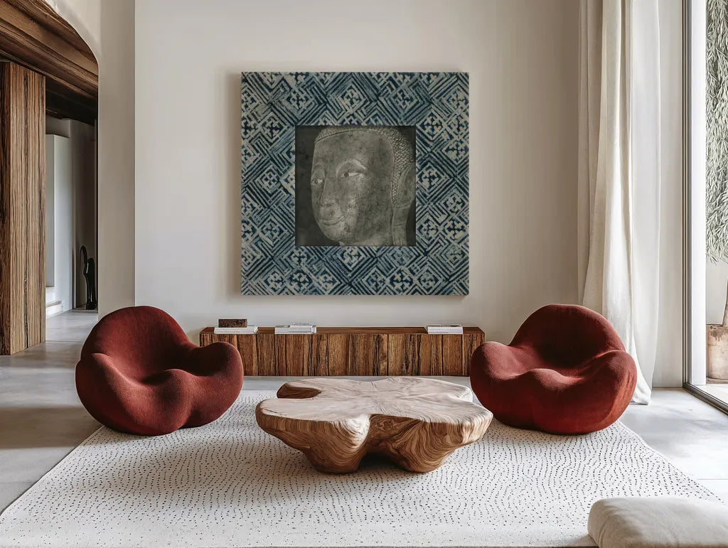 Moment of Zen II Batik by Wild Apple Portfolio. Shown as extra-large giant wall art in a modern living room. Available as an archival giclee rolled canvas, fine art paper, or poster print. SKU 39696a.
