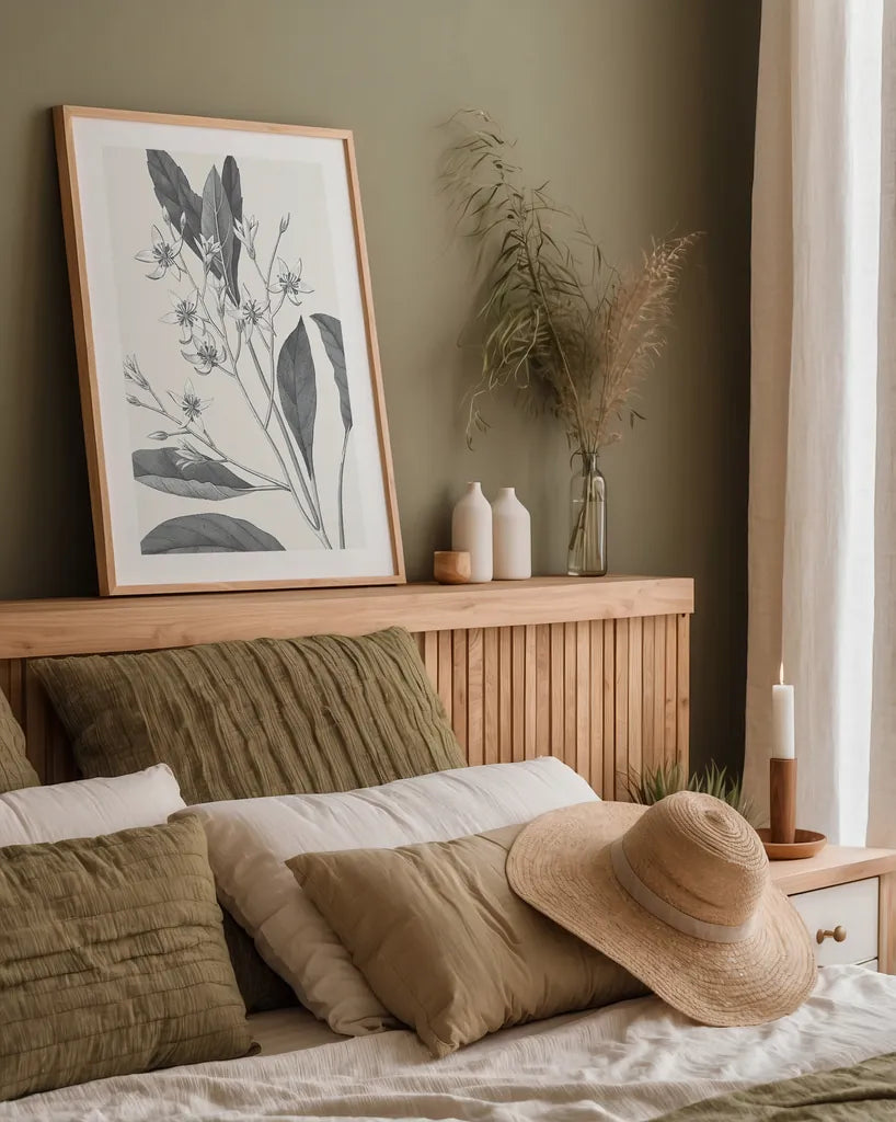 Neutral Botanical V by Wild Apple Portfolio. shown as a paper print in a natural frame. Available as a archival giclee rolled canvas, fine art paper, or poster print. SKU 30696h.