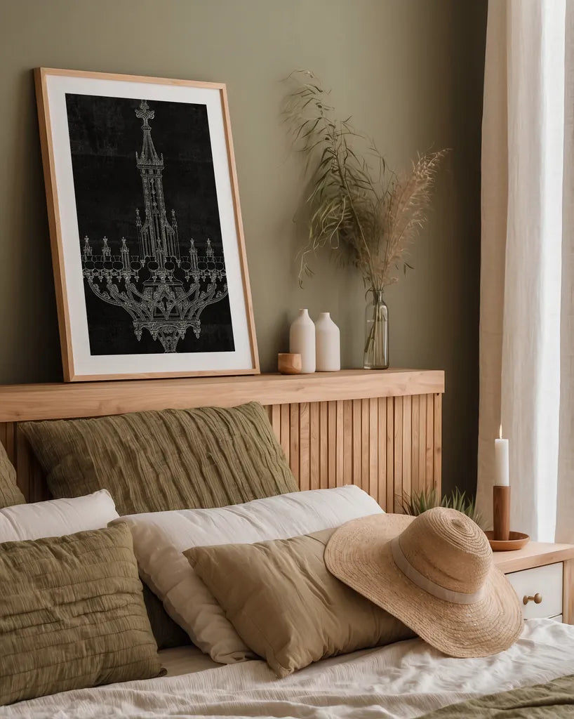 Ornamental Metal Work Chandelier by Wild Apple Portfolio. shown as a paper print in a natural frame. Available as a archival giclee rolled canvas, fine art paper, or poster print. SKU 21373h.