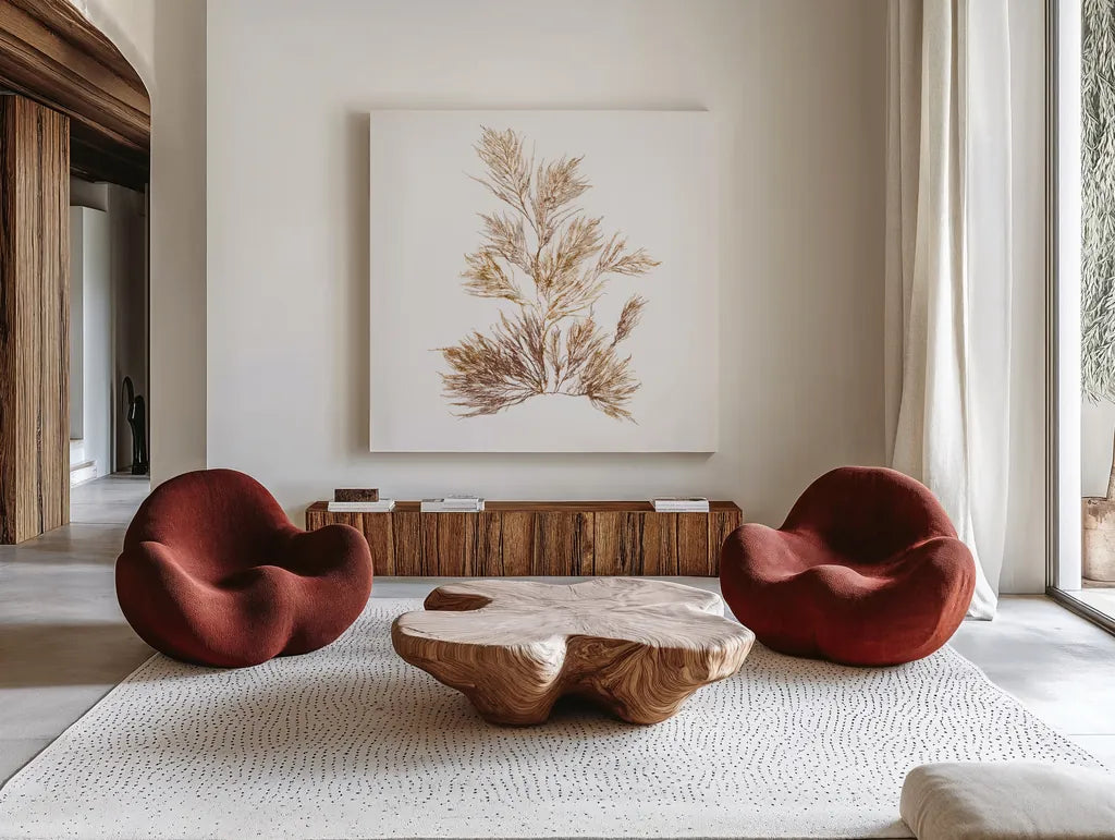 Pacific Sea Mosses X White Sq by Wild Apple Portfolio. Shown as extra-large giant wall art in a modern living room. Available as an archival giclee rolled canvas, fine art paper, or poster print. SKU 51612a.