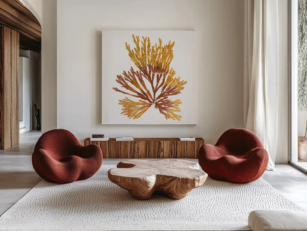 Pacific Sea Mosses XIX White Sq by Wild Apple Portfolio. Shown as extra-large giant wall art in a modern living room. Available as an archival giclee rolled canvas, fine art paper, or poster print. SKU 51617a.