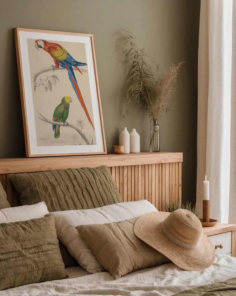 Parrot Study by Wild Apple Portfolio. shown as a paper print in a natural frame. Available as a archival giclee rolled canvas, fine art paper, or poster print. SKU 77434h.