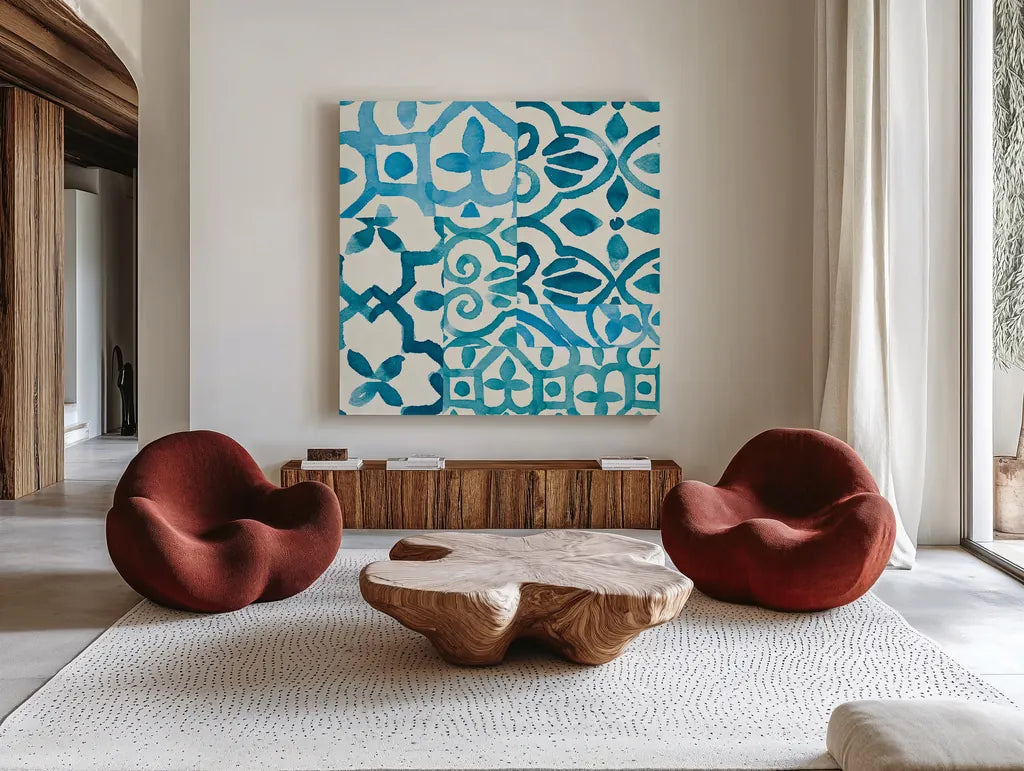 Patterns of Morocco Tile II by Wild Apple Portfolio. Shown as extra-large giant wall art in a modern living room. Available as an archival giclee rolled canvas, fine art paper, or poster print. SKU 74299a.