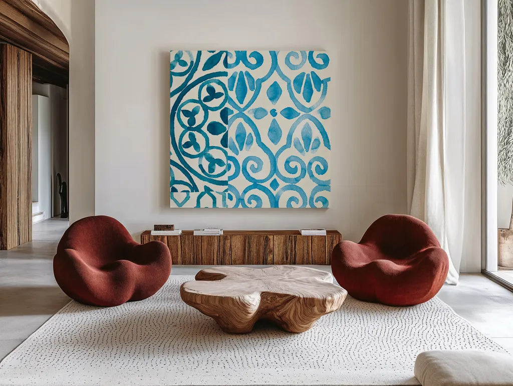 Patterns of Morocco Tile IV by Wild Apple Portfolio. Shown as extra-large giant wall art in a modern living room. Available as an archival giclee rolled canvas, fine art paper, or poster print. SKU 74303a.