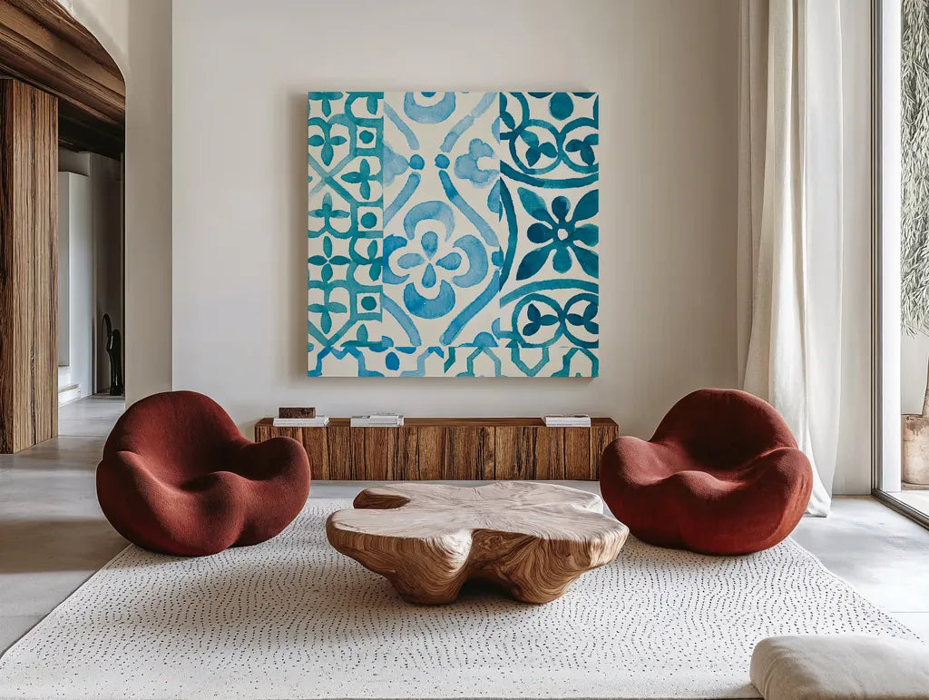 Patterns of Morocco Tile VI by Wild Apple Portfolio. Shown as extra-large giant wall art in a modern living room. Available as an archival giclee rolled canvas, fine art paper, or poster print. SKU 74309a.