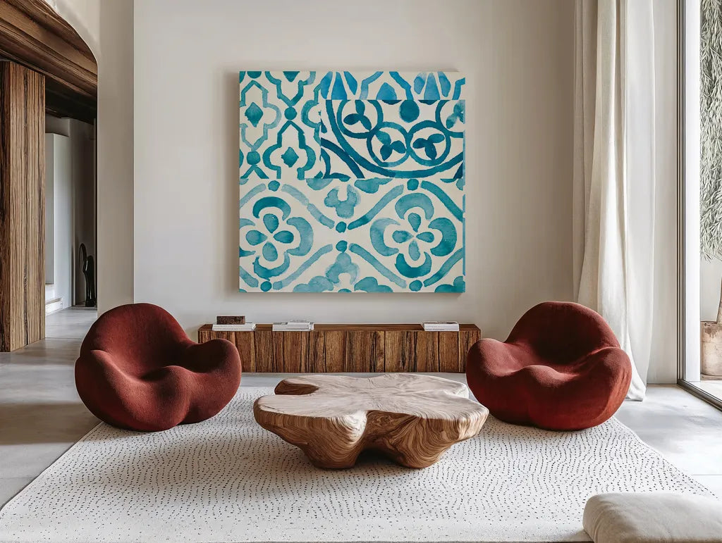 Patterns of Morocco Tile VII by Wild Apple Portfolio. Shown as extra-large giant wall art in a modern living room. Available as an archival giclee rolled canvas, fine art paper, or poster print. SKU 74311a.