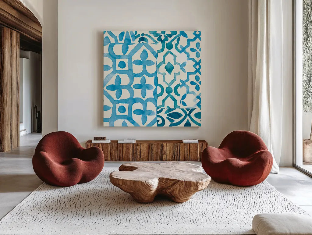 Patterns of Morocco Tile VIII by Wild Apple Portfolio. Shown as extra-large giant wall art in a modern living room. Available as an archival giclee rolled canvas, fine art paper, or poster print. SKU 74313a.