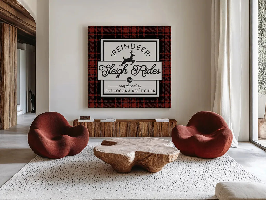 Plaid Holidays III RB by Wild Apple Portfolio. Shown as extra-large giant wall art in a modern living room. Available as an archival giclee rolled canvas, fine art paper, or poster print. SKU 65279a.
