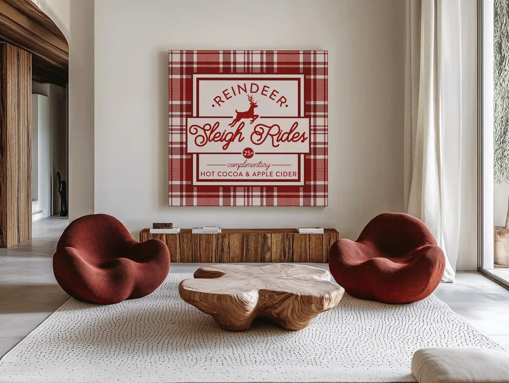 Plaid Holidays III Red by Wild Apple Portfolio. Shown as extra-large giant wall art in a modern living room. Available as an archival giclee rolled canvas, fine art paper, or poster print. SKU 64770a.