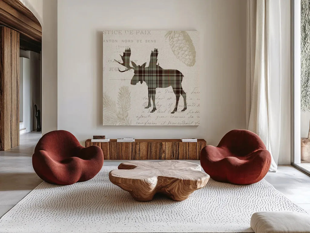 Plaid Lodge IV Tan by Wild Apple Portfolio. Shown as extra-large giant wall art in a modern living room. Available as an archival giclee rolled canvas, fine art paper, or poster print. SKU 33693a.