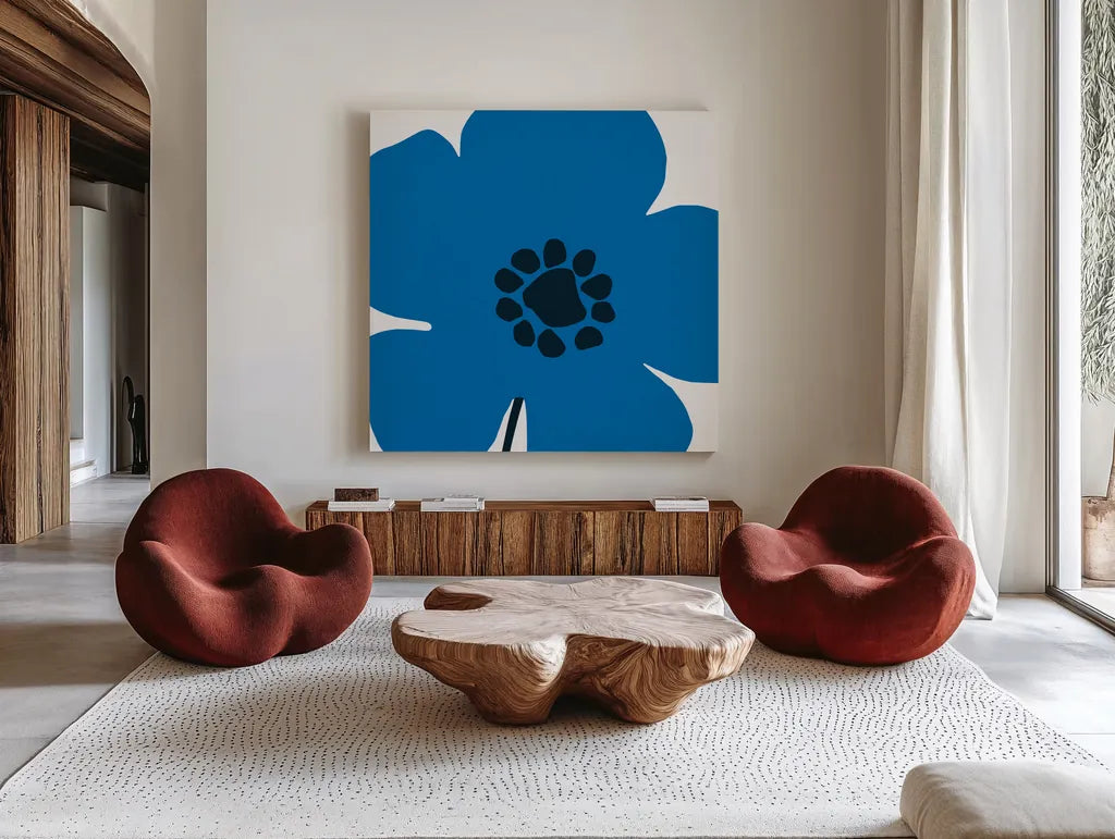 Pop Art Floral I by Wild Apple Portfolio. Shown as extra-large giant wall art in a modern living room. Available as an archival giclee rolled canvas, fine art paper, or poster print. SKU 44561a.