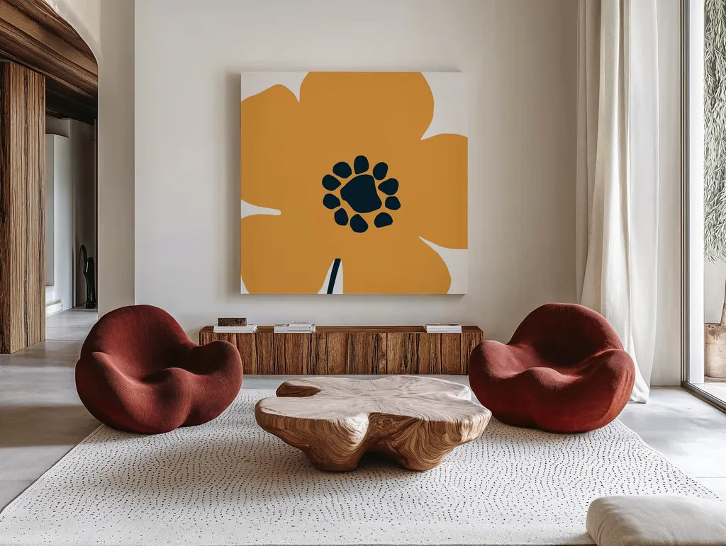 Pop Art Floral I Retro by Wild Apple Portfolio. Shown as extra-large giant wall art in a modern living room. Available as an archival giclee rolled canvas, fine art paper, or poster print. SKU 57083a.