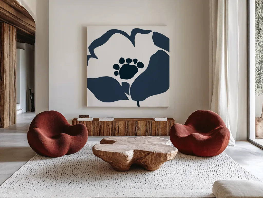 Pop Art Floral II Retro by Wild Apple Portfolio. Shown as extra-large giant wall art in a modern living room. Available as an archival giclee rolled canvas, fine art paper, or poster print. SKU 57084a.