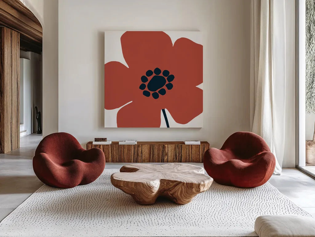Pop Art Floral IV Retro by Wild Apple Portfolio. Shown as extra-large giant wall art in a modern living room. Available as an archival giclee rolled canvas, fine art paper, or poster print. SKU 57086a.