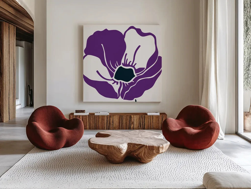 Pop Art Floral VI by Wild Apple Portfolio. Shown as extra-large giant wall art in a modern living room. Available as an archival giclee rolled canvas, fine art paper, or poster print. SKU 61356a.