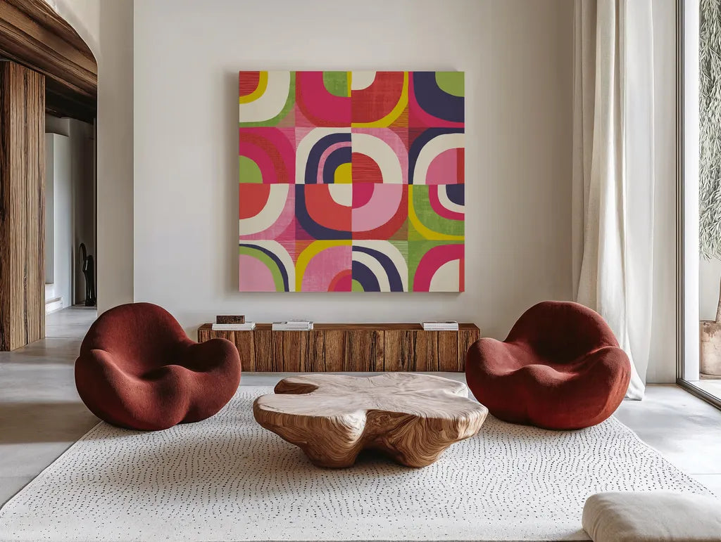 Quarter Circle Abstract by Wild Apple Portfolio. Shown as extra-large giant wall art in a modern living room. Available as an archival giclee rolled canvas, fine art paper, or poster print. SKU 87002a.