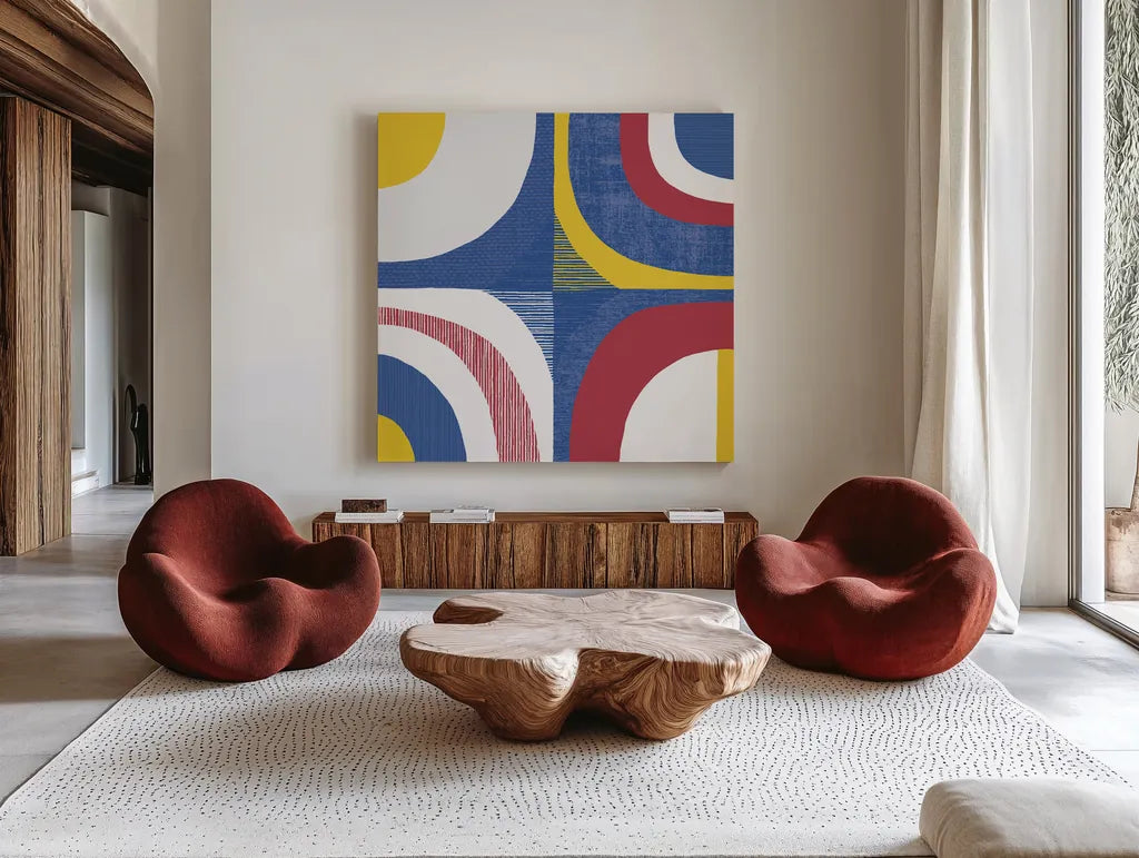 Quarter Circle Abstract Sq IV Bright Primary by Wild Apple Portfolio. Shown as extra-large giant wall art in a modern living room. Available as an archival giclee rolled canvas, fine art paper, or poster print. SKU 82318a.