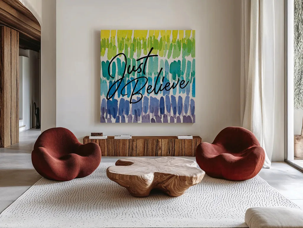 Rainbow World III by Wild Apple Portfolio. Shown as extra-large giant wall art in a modern living room. Available as an archival giclee rolled canvas, fine art paper, or poster print. SKU 63008a.