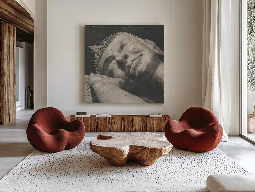 Reclining Buddha by Wild Apple Portfolio. Shown as extra-large giant wall art in a modern living room. Available as an archival giclee rolled canvas, fine art paper, or poster print. SKU 38801a.