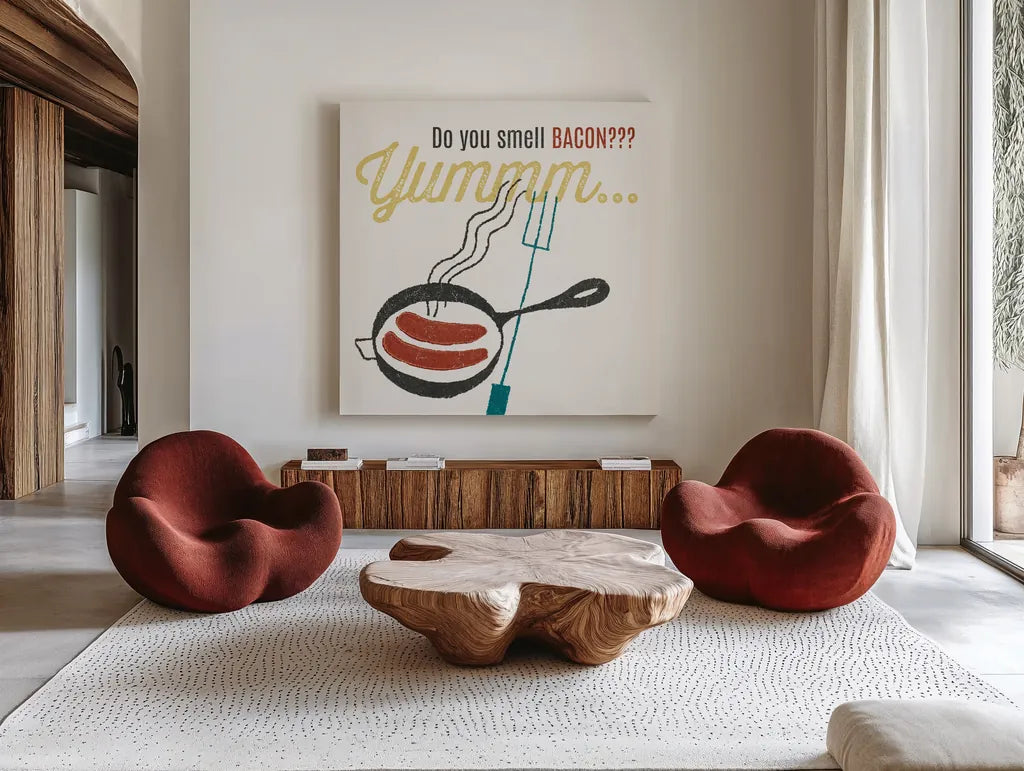 Retro Food Bacon by Wild Apple Portfolio. Shown as extra-large giant wall art in a modern living room. Available as an archival giclee rolled canvas, fine art paper, or poster print. SKU 92156a.