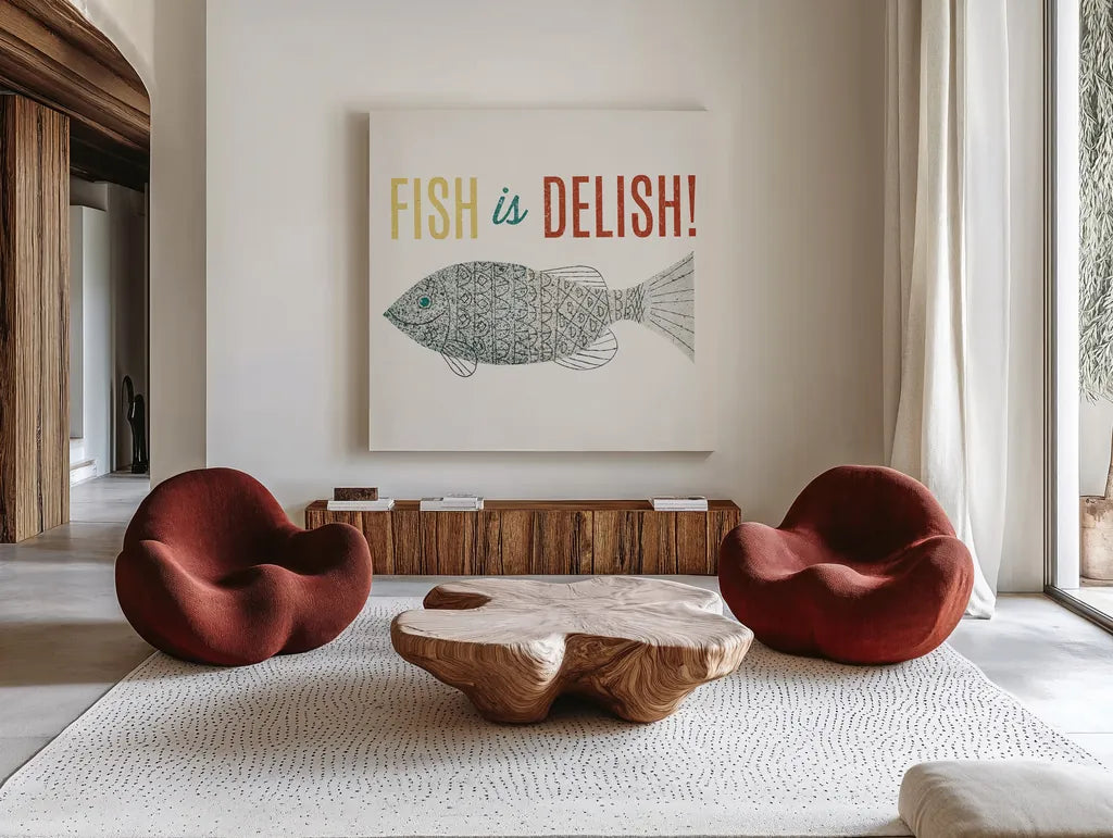 Retro Food Fish is Delish by Wild Apple Portfolio. Shown as extra-large giant wall art in a modern living room. Available as an archival giclee rolled canvas, fine art paper, or poster print. SKU 92160a.