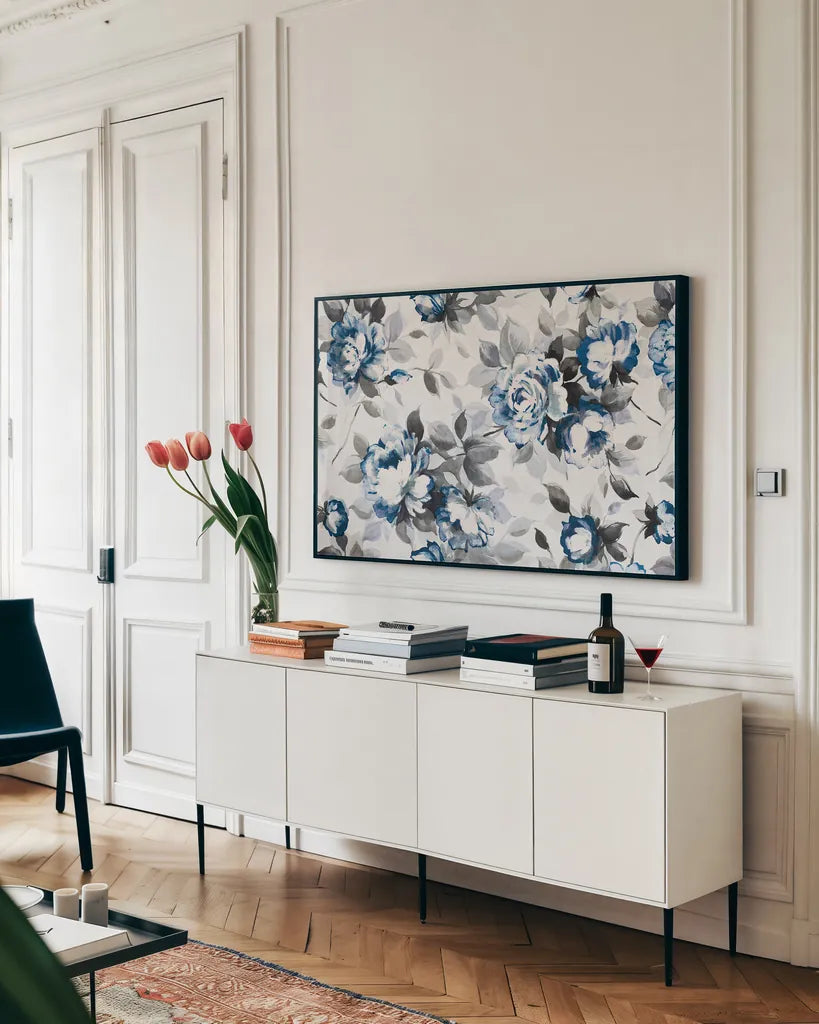 Scent of Roses Indigo by Wild Apple Portfolio. shown as a framed stretched canvas in a living room above a console. Available as a archival giclee rolled canvas, fine art paper, or poster print. SKU 21956i.