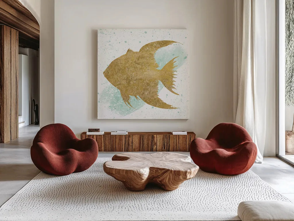 Silver Sea Life Aqua Fish no Gold Splatter by Wild Apple Portfolio. Shown as extra-large giant wall art in a modern living room. Available as an archival giclee rolled canvas, fine art paper, or poster print. SKU 33665a.