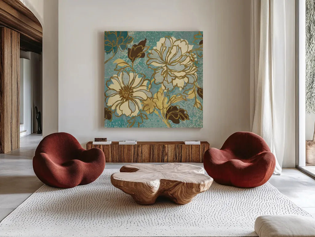 Sophias Flowers I Blue by Wild Apple Portfolio. Shown as extra-large giant wall art in a modern living room. Available as an archival giclee rolled canvas, fine art paper, or poster print. SKU 8497a.