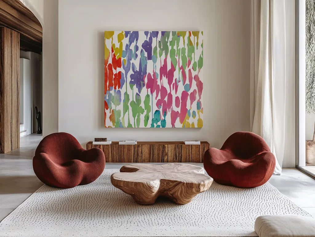 Splashes of Color II by Wild Apple Portfolio. Shown as extra-large giant wall art in a modern living room. Available as an archival giclee rolled canvas, fine art paper, or poster print. SKU 17229a.