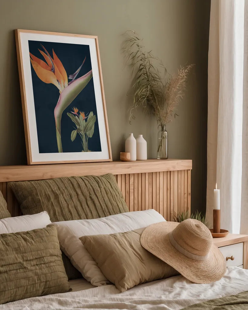 Stelitzia Reginoe Dark Blue by Wild Apple Portfolio. shown as a paper print in a natural frame. Available as a archival giclee rolled canvas, fine art paper, or poster print. SKU 52056h.