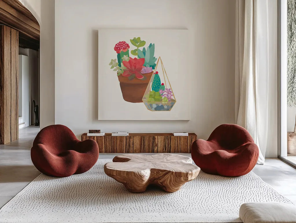 Succulent Garden IV by Wild Apple Portfolio. Shown as extra-large giant wall art in a modern living room. Available as an archival giclee rolled canvas, fine art paper, or poster print. SKU 21558a.