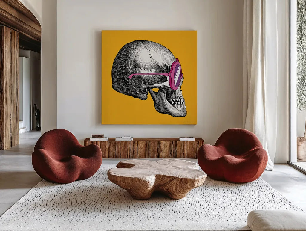 Sunny Skull I by Wild Apple Portfolio. Shown as extra-large giant wall art in a modern living room. Available as an archival giclee rolled canvas, fine art paper, or poster print. SKU 21659a.