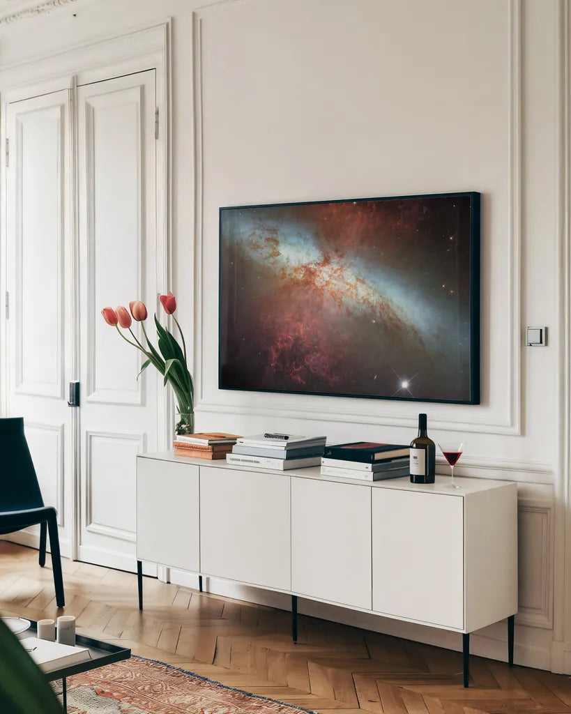 Supernova by Wild Apple Portfolio. shown as a framed stretched canvas in a living room above a console. Available as a archival giclee rolled canvas, fine art paper, or poster print. SKU 89318i.