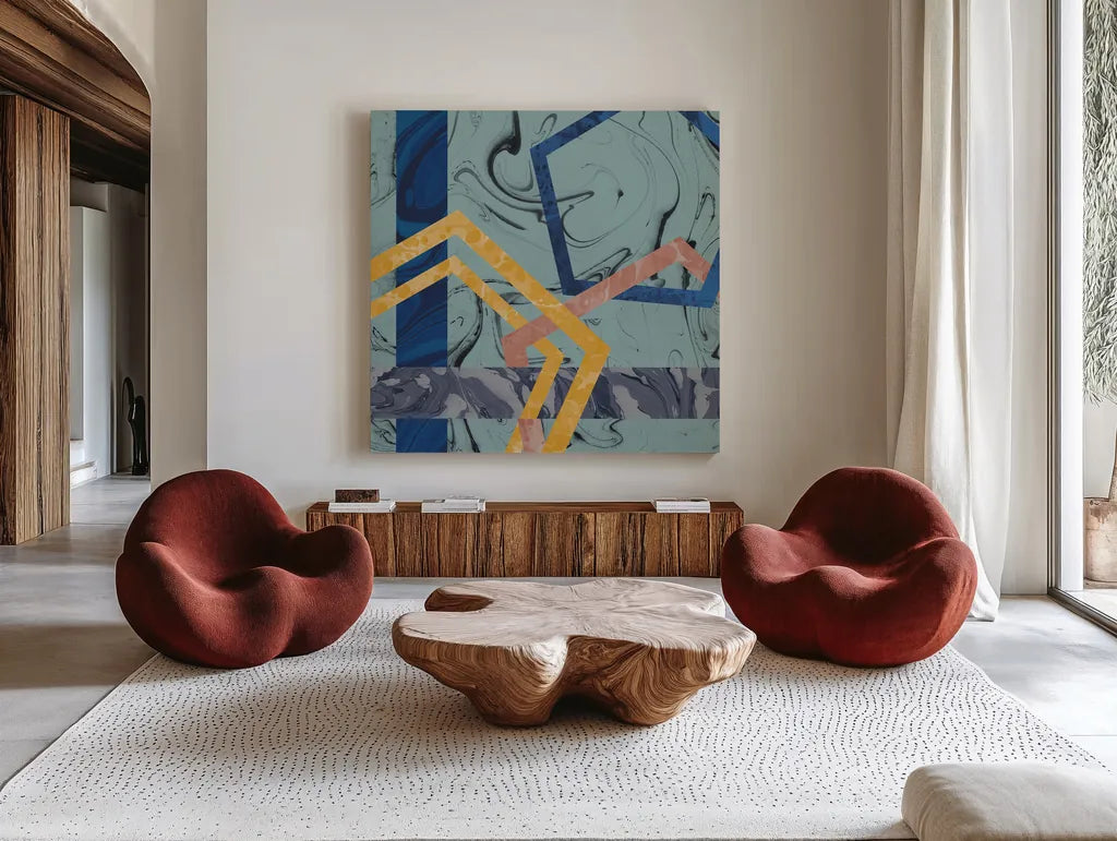 Terrazzo I Blue by Wild Apple Portfolio. Shown as extra-large giant wall art in a modern living room. Available as an archival giclee rolled canvas, fine art paper, or poster print. SKU 51933a.