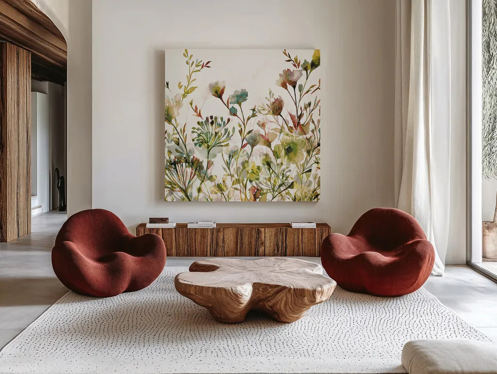 Transparent Garden Warm by Wild Apple Portfolio. Shown as extra-large giant wall art in a modern living room. Available as an archival giclee rolled canvas, fine art paper, or poster print. SKU 18747a.