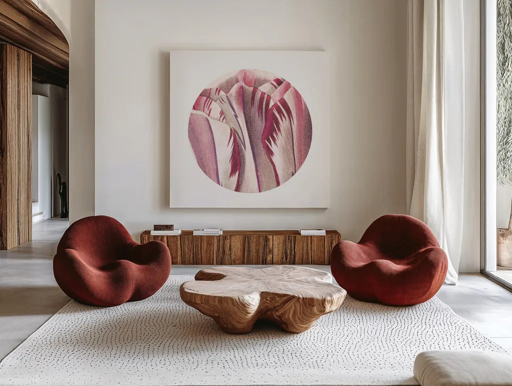 Tulips Circle by Wild Apple Portfolio. Shown as extra-large giant wall art in a modern living room. Available as an archival giclee rolled canvas, fine art paper, or poster print. SKU 44026a.