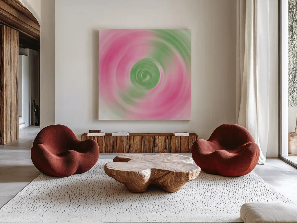 Twirling Garden II by Wild Apple Portfolio. Shown as extra-large giant wall art in a modern living room. Available as an archival giclee rolled canvas, fine art paper, or poster print. SKU 80713a.